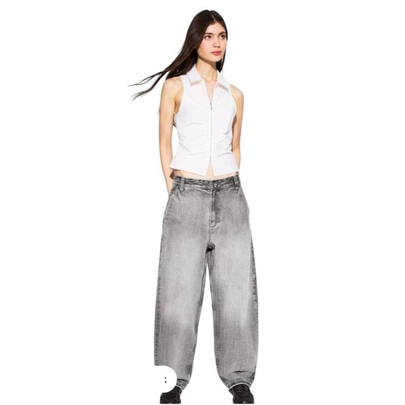 Bershka Gray High-Waist Baggy Skater Jeans For Women Size 32 - Picture 2 of 14